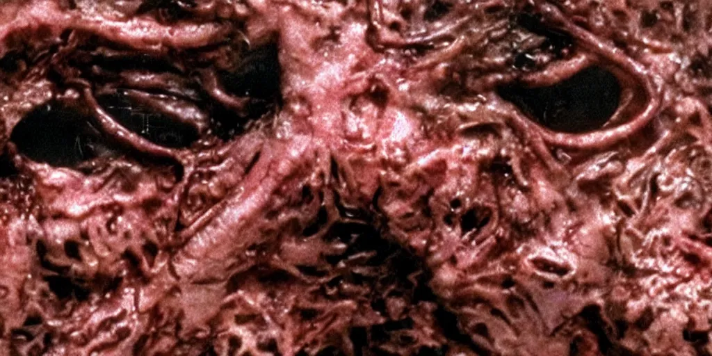 Prompt: filmic close up dutch angle movie still 35mm film color photograph of the snarling distorted deformed human face of a mutated abstract shape shifting organism made of human internal organs, disgusting dissected human tissue with a variety of grotesquely randomly strewn together animal limbs, in the style of a horror film The Thing 1982