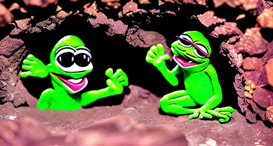 Image similar to pepe in a cave digging crystals