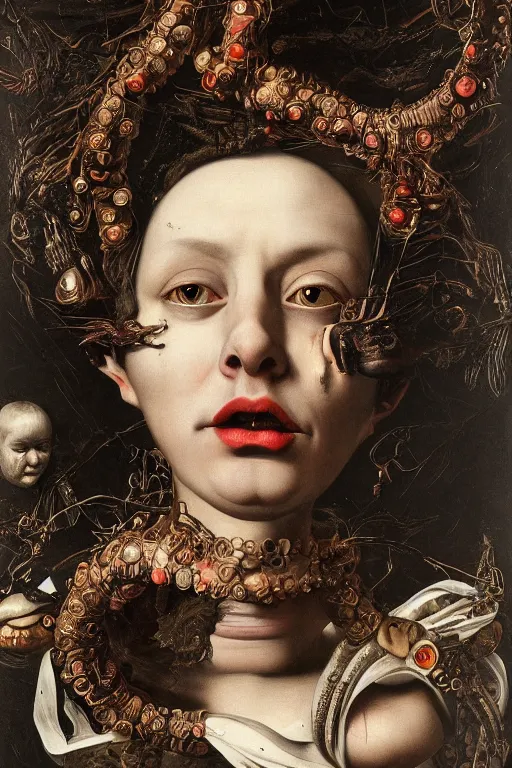 Image similar to Detailed maximalist portrait with large lips and with large wide eyes, surprised expression, surreal extra flesh , HD mixed media, 3D collage, highly detailed and intricate, illustration in the golden ratio, in the style of Caravaggio, dark art, baroque