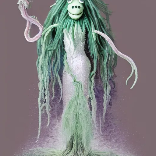 Image similar to ethereal spectral live action muppet ghost like figure with a very pronounced parasitic kraken head taking over its own with four long tentacles for arms that flow gracefully at its sides like a cloak, it has a mermaid like body with a snake tail instead of legs, it stalks around frozen forests searching for lost souls to consume, hides in the shadows of trees, this character uses hydrokinesis and electrokinesis, it is a real muppet by sesame street, photo realistic, real, realistic, felt, stopmotion, photography, sesame street, monsters inc pixar