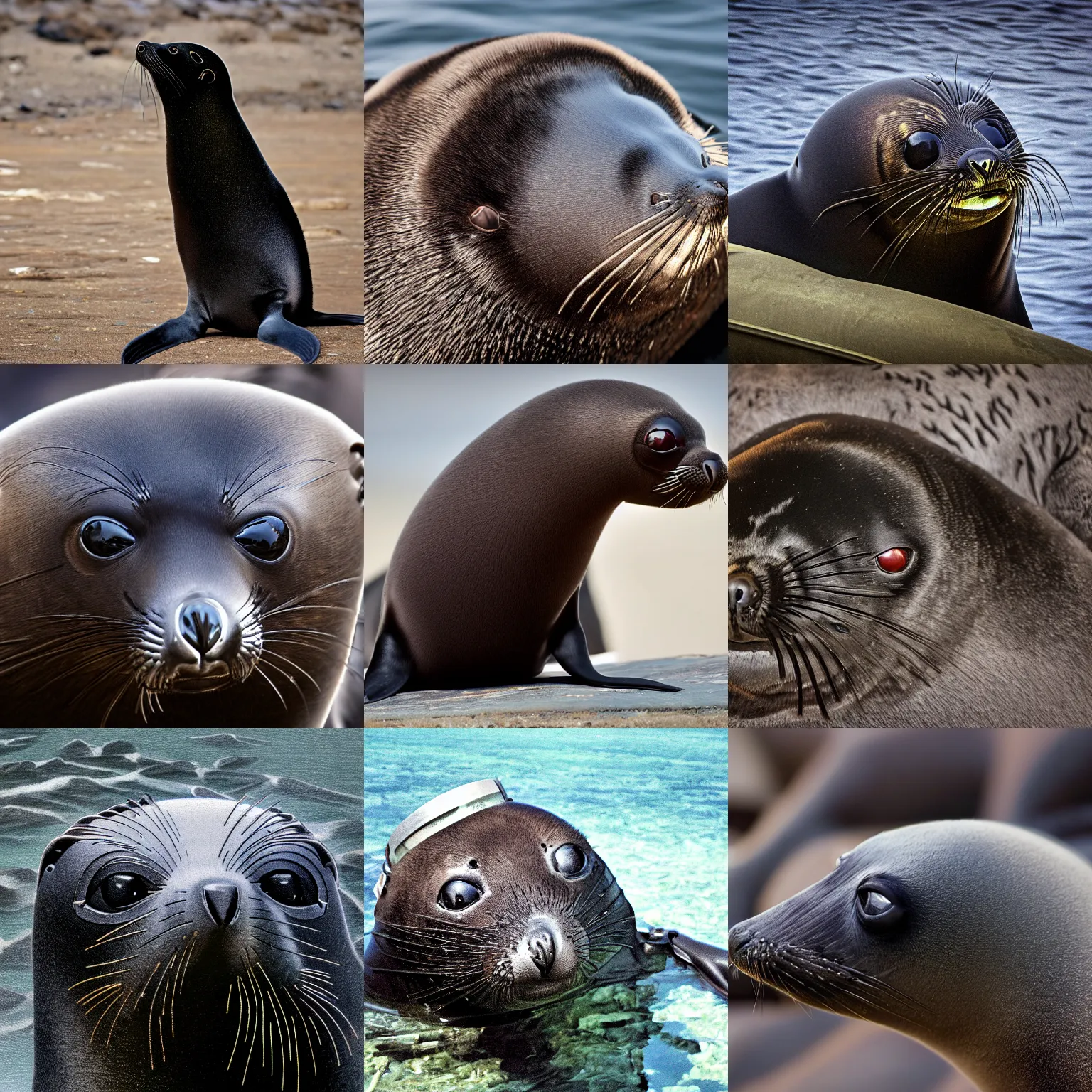 Prompt: a toxic oil rig mounted on the head of a anguished south american fur seal, by gerard justin, highly detailed, zoom out, general plane, sharp focus