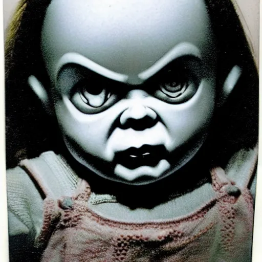 Image similar to polaroid photo of the doll chucky from the movie child's play remake. dark, gloomy, highly detailed.