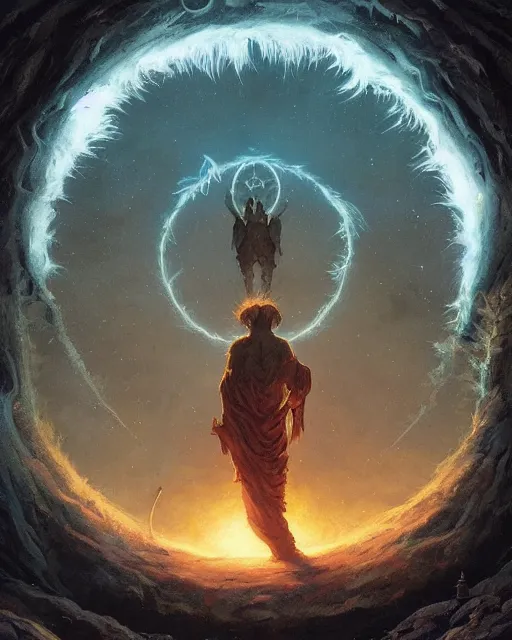 Image similar to a druid standing in a circle at the beginning of the world by greg rutkowski and frank frazetta and peter mohrbacher and william blake and dan mumford