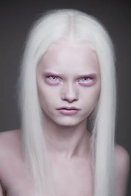 Image similar to photo portrait of a female albino model with white hair and pink eyes and pale skin