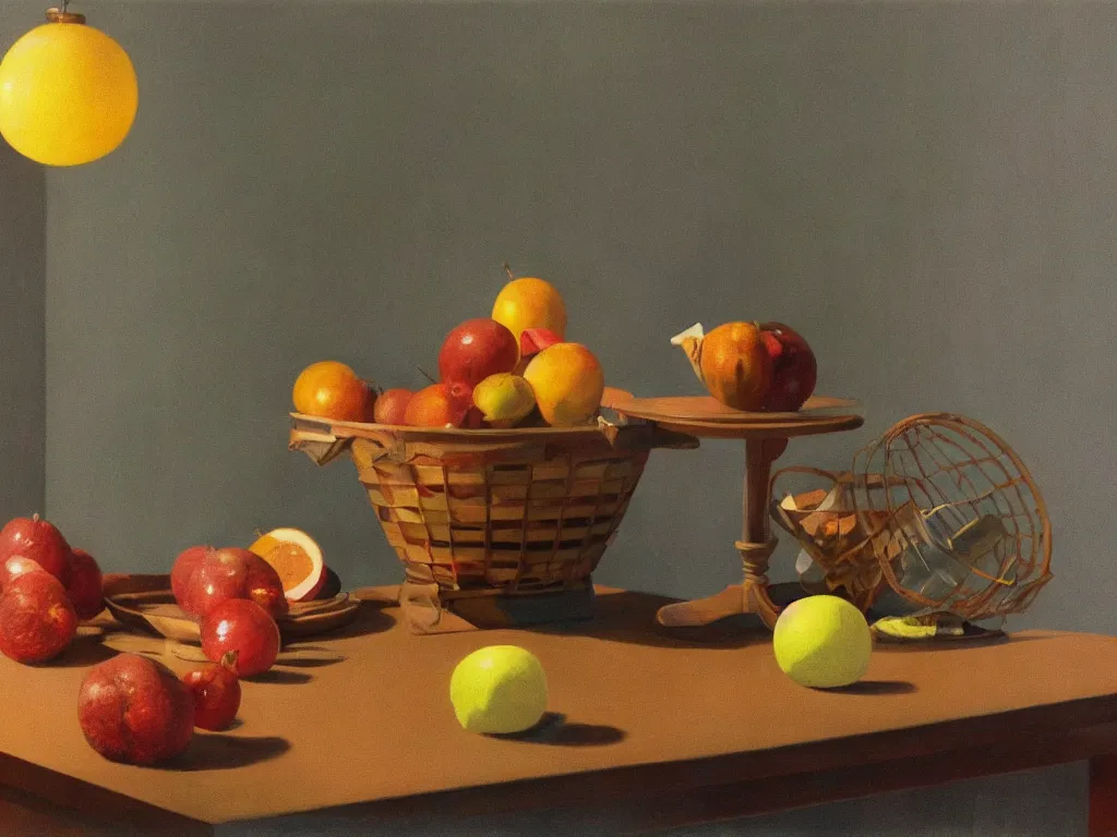 Image similar to 70s living room table with fruit basket, fine art, still life, the shinning stanley kubrick, god ray, cinematic, realistic, detailed, close up, volumetric lighting, painting in the style of Edward Hopper