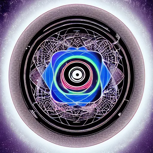 Image similar to 2 d techno buddha in front of concentric geometric radial sun portal with ancient wuji symbols embedded within it, fine lines, sci fi, artstation, dan mumford, beeple, yoshitaka amano