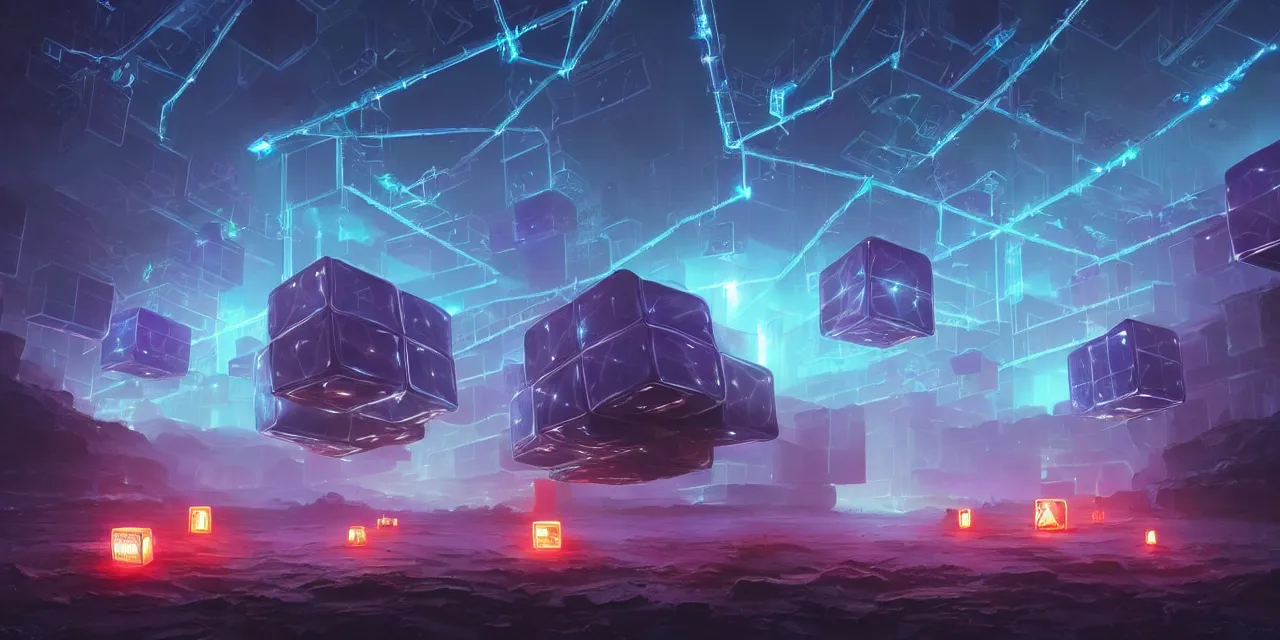 Image similar to a fleet of giant glowing futuristic circuit cubes tied to each other with lots of glowing chains in the sky, thick glowing chains, light rays bouncing between cubes, a fantasy magical landscape seen in the distance, atmospheric lighting, intricate, volumetric lighting, beautiful, sharp focus, ultra detailed, in the art style of marc simonetti, bowater charlie and brom gerald, astrophotography