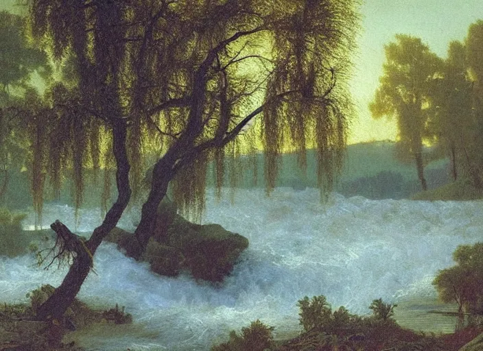 Prompt: oil painting of a willow tree next to a raging river by albert bierstadt, beautiful lighting