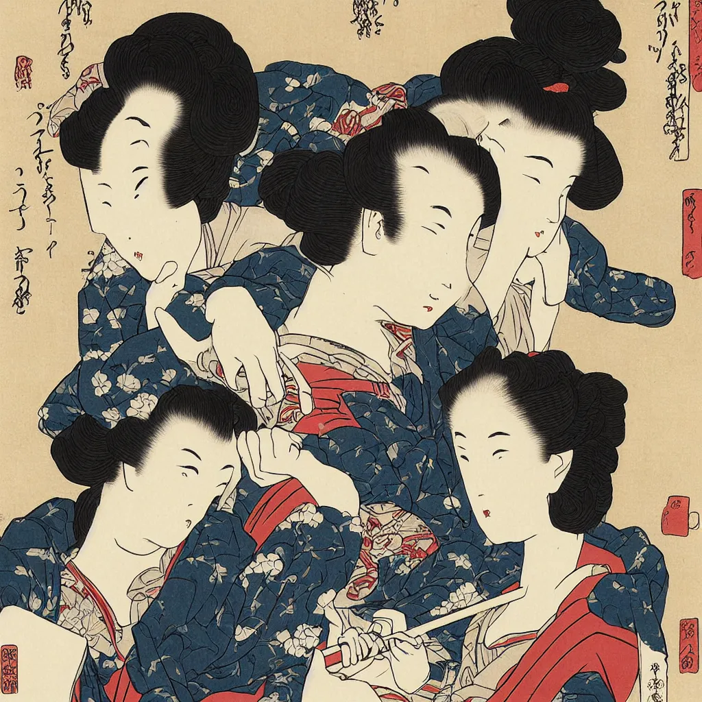 Prompt: i, a beautiful woman playing her iphone, by hokusai