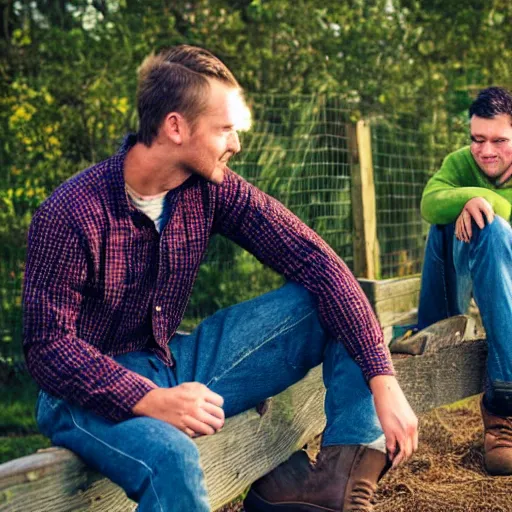 Prompt: a candid photo of a very handsome young farm hand, sitting on a fence with his friend. telling him that he is in love with him.