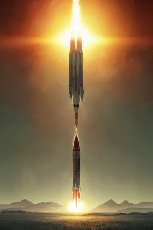 Prompt: poster artwork. distant rocket taking off. on the horizon. during golden hour. symmetry. washed out. desaturated. cinematic. art by wlop, mars ravelo and greg rutkowski.