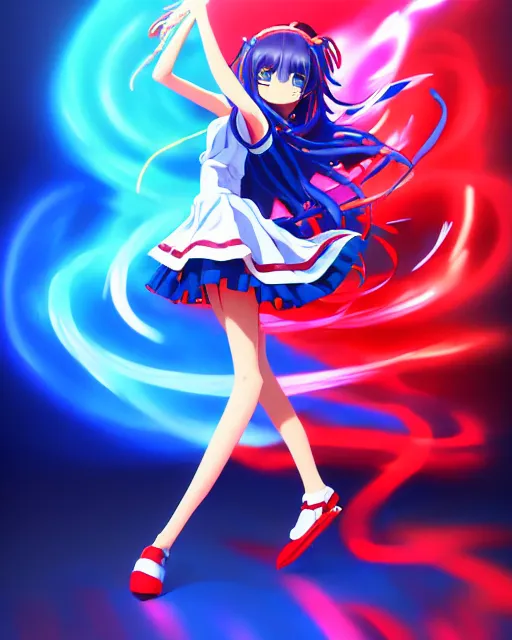 Image similar to anime style, vivid, expressive, full body, 4 k, painting, a cute magical girl idol with a long wavy hair wearing a dress fighting monsters, blue and red, balance, correct proportions, stunning, realistic light and shadow effects, neon lights, studio ghibly makoto shinkai yuji yamaguchi