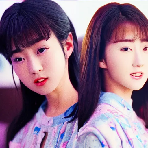 Image similar to 1990s, perfect, dynamic, epic, cinematic 8K HD movie shot of semi-close-up japanese beautiful cute young J-Pop idol actress girl face, she express joy and posing. By a Chinese movie director. Motion, VFX, Inspirational arthouse, high budget, hollywood style, at Behance, with Instagram filters, Photoshop, Adobe Lightroom, Adobe After Effects, taken with polaroid kodak portra