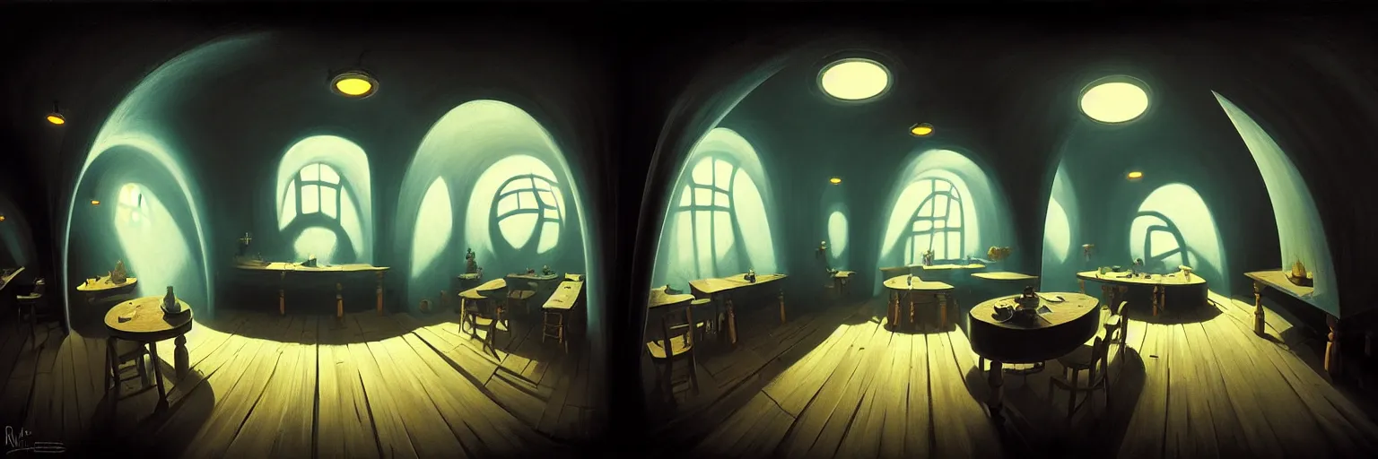 Image similar to volumetric shadows, volumetric lighting, black goya painting of underground, basement, fisheye, curved perspective, naive, extra narrow, wooden kitchen, large floor, tavern by rhads and gaudi