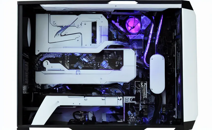 Image similar to futuristic gaming pc with white lighting and a white case, hd photograph, highly detailed, intricate