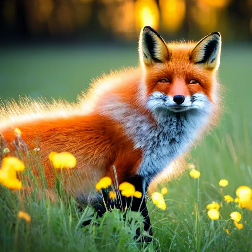 Prompt: A fox in a field of dandelions, golden hour, 50mm close up, beautiful, f/11, bokeh depth of field