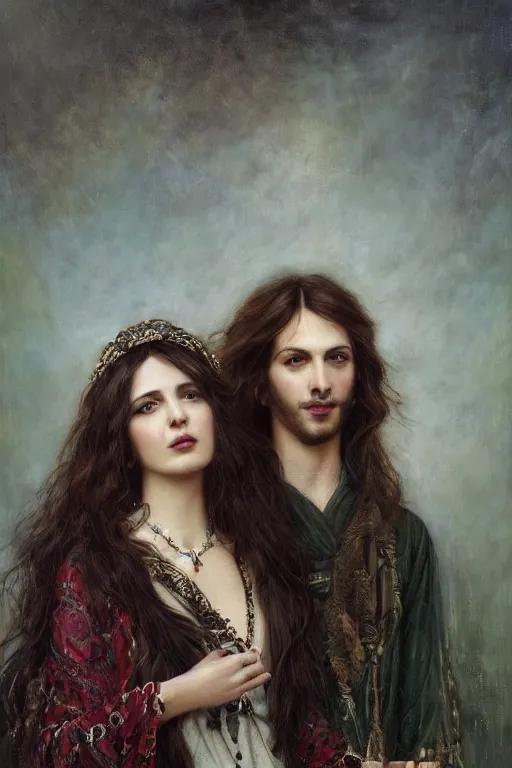 Prompt: a portrait of handsome young male rock star with long hair and his elegant beautiful bohemian wife, bored, illustration, dramatic lighting, soft details, painting oil on canvas, art nouveau, octane render, HDR, 4k, 8k, HD, by Edmund Blair Leighton, Brom, Charlie Bowater, trending on artstation, faces by Tom Bagshaw, Sargent