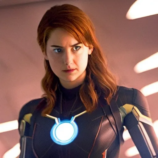 Image similar to A still of Shailene Woodley as Black Widow in Iron Man 2 (2010), close-up