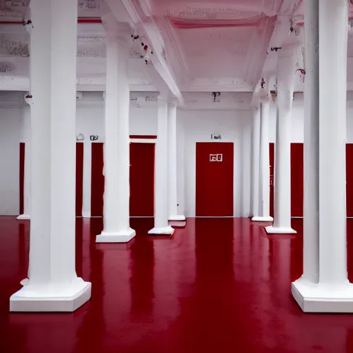 Image similar to a white room with multiple red doors, surreal, creepy, unsettling, liminal space,