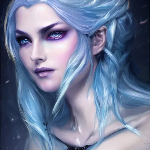 Image similar to Ice Sorceress, arrogant, Magic the Gathering, fantasy, portrait, highly detailed, digital painting, artstation, concept art, sharp focus, illustration, art by artgerm and livia prima and magali villeneuve, blue white and purple color scheme