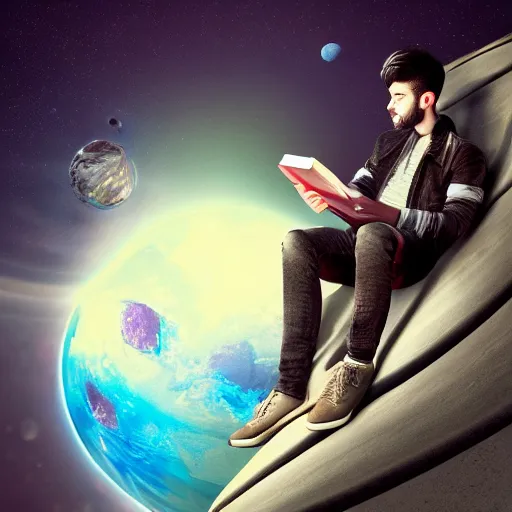 Image similar to Zayn reading a book sitting on top of a planet + Cinematic Lighting + Deep Shadows + Hyper Realistic + Hyper Maximalist + Maximalist Composition + Intricate Details + Rendered in Octane + Trending on Artstation + Hall of Fame on Cgsociety + 8K portrait + 8k Post-Processing Highly Detailed + Rendered by Octane Engine + 8K Artstation 8k Detail Post Processing + Octane Render