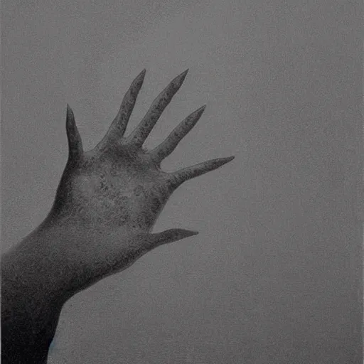 Image similar to hand with long fingers reaching out of thick fog, zdzislaw beksinski