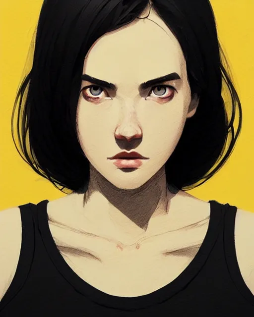 Prompt: cottagecore hyper - realistic portrait of a woman in black sleeveless t - shirt, black hair, by atey ghailan, by greg rutkowski, by greg tocchini, by james gilleard, by joe fenton, by kaethe butcher, dynamic lighting, gradient light yellow, brown, blonde cream and white color scheme, grunge aesthetic