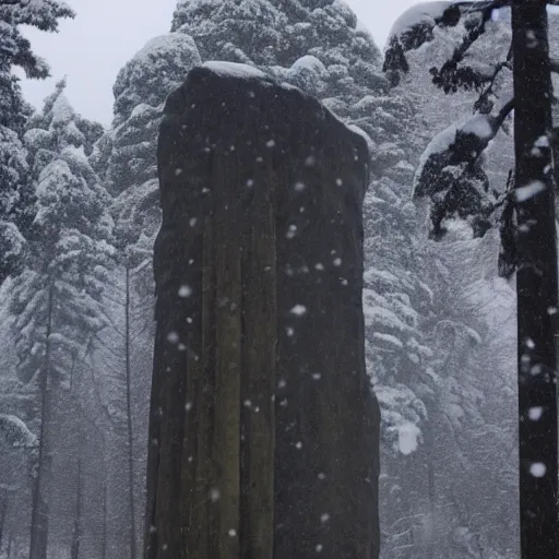 Image similar to a monolithic pillar temple in a taiga. snowing, overcast sky, grainy.