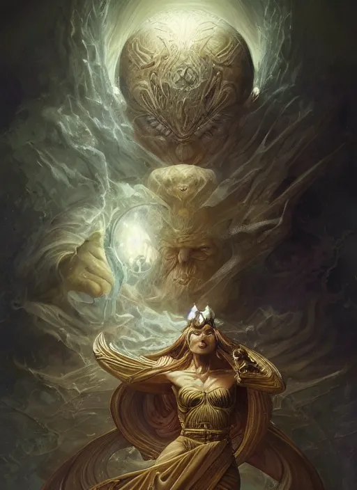 Image similar to god's envisionment, shamanic poste, elegant, highly detailed, centered, digital painting, artstation, concept art, smooth, sharp focus, illustration, artgerm, tomasz alen kopera, peter mohrbacher, donato giancola, joseph christian leyendecker, wlop, frank frazetta