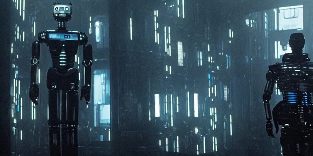 Image similar to human - like robot android in big datacenter shot from ridley scott blade runner movie