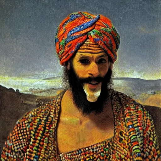 Prompt: man covered in multicolored scales with ridge from the top of his nose to the top of his forehead wearing giant ridiculous turban and robes in Nabataean tomb, famous painting by Rembrandt