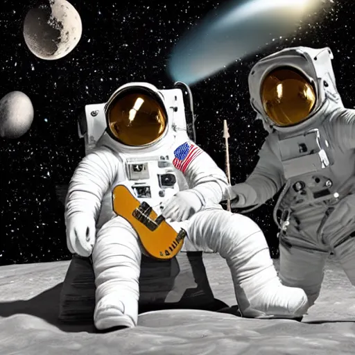 Prompt: a photo of a detailed, realistic, sitting idle, regular sized electric guitar next to a beer can and an astronaut chilling on the moon surface. detailed photo. realistic photo