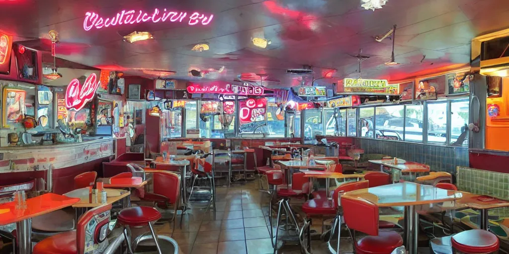 Image similar to a retro diner at the crossroads of the multiverse, celestially enchanted