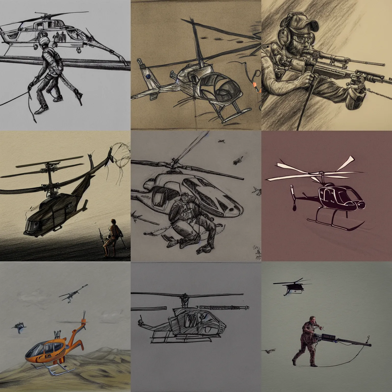 Prompt: rendeer hanging on a rope, dragged by a helicopter. in the helicopter a hunter is sittiing with a big gun in the hand. coherent. drawing, sketch, high detail, 8 k