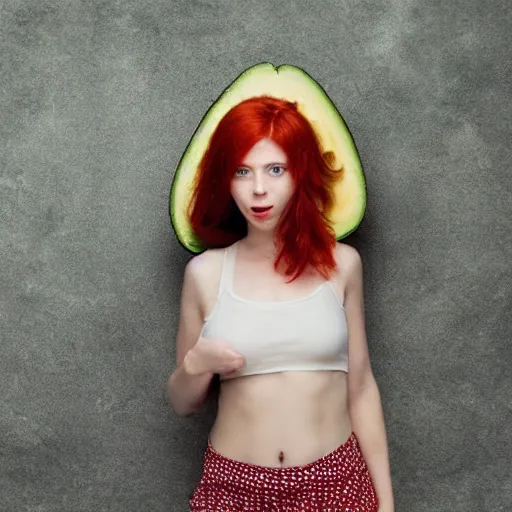 Prompt: red headed young woman inside a giant avocado