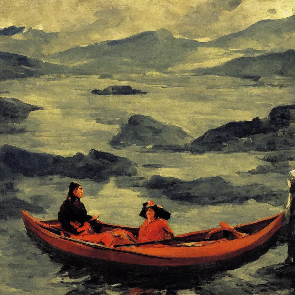 Image similar to a beautiful woman sitting in canoe on the hudson river, mountains in clouds, bright sun, oil painting, by george bellows