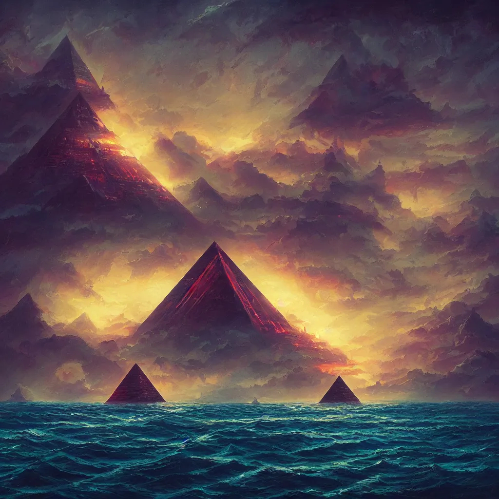 Prompt: A beautiful painting of A dark Pyramid at Sea In style of Paul Lehr and Greg Rutkowski.highly realistic,hyper detailed,4k,digital art,Retro Futurism Art