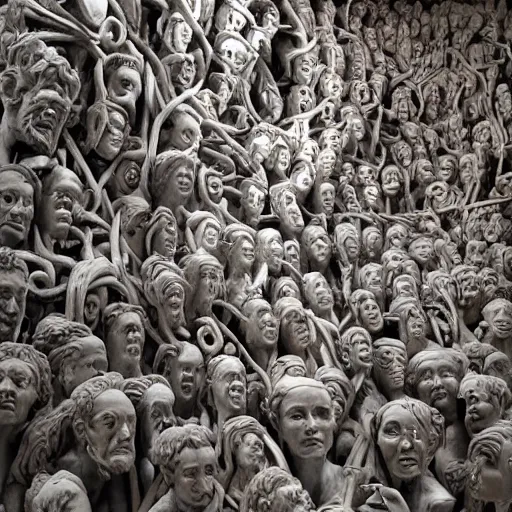 Prompt: sculpture of a face composed of sculptures of people inside made by michelangelo, intricate design, art station