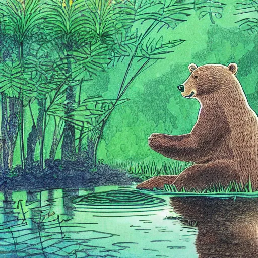 Prompt: a bear sitting in a pond in a lush jungle together with a guitarist, drawing by moebius