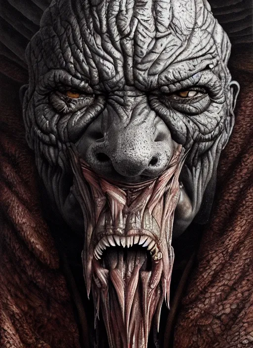 Image similar to close up portrait of a monster in the mountains of hell, one mouth, one nose, two eyes, oil painting by tomasz jedruszek, cinematic lighting, pen and ink, intricate line, hd, 4 k, million of likes, trending on artstation