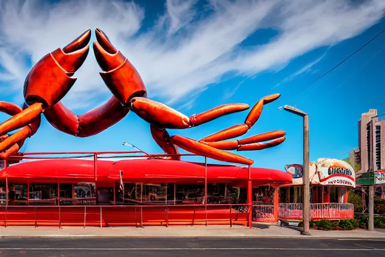 Image similar to 1 9 8 5 crab themed giant sculpture, googie architecture, one point perspective, americana, fishcore, restaurant exterior photography, hd 8 k, taken by alex webb