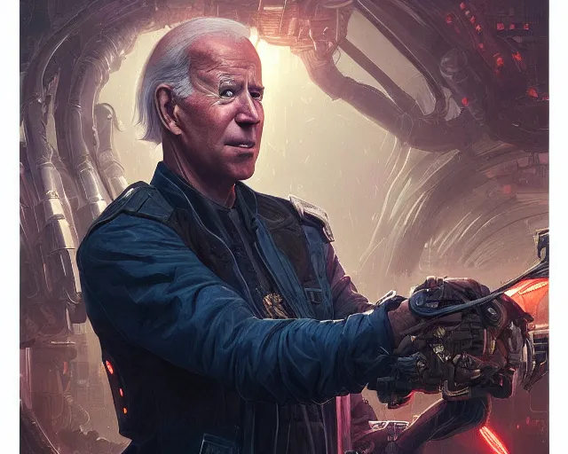 Image similar to oldman joe biden with cyberpunk implants, deep focus, d & d, fantasy, intricate, elegant, highly detailed, digital painting, artstation, concept art, matte, sharp focus, illustration, hearthstone, art by artgerm and greg rutkowski and alphonse mucha