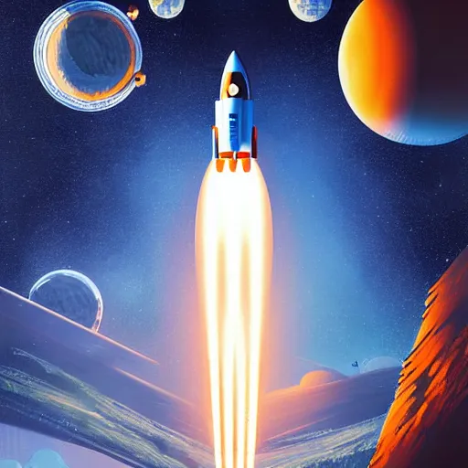 Image similar to Blue V2 rocket in space, tin tin, planet in the style of orange company, intricate, SCI-Fi, movie poster, high detail, digital art by raphael lacoste