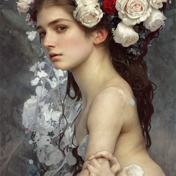 Prompt: neoclassical symmetrical perfect portrait of a 2 0 4 4 space sport engineer, it is decorated with white semi transparent cotton roses computer crown. by jeremy mann and alphonse mucha, fantasy art, photo realistic, dynamic lighting, artstation, poster, volumetric lighting, very detailed beautiful faces, wonderful eyes, 8 k, award winning