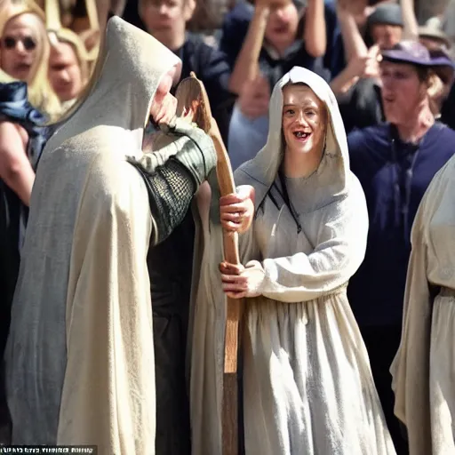 Image similar to Amber Heard as Joan of Arc being led to the gallows, she is wearing prison rags, she is laughing, the crowd is cheering