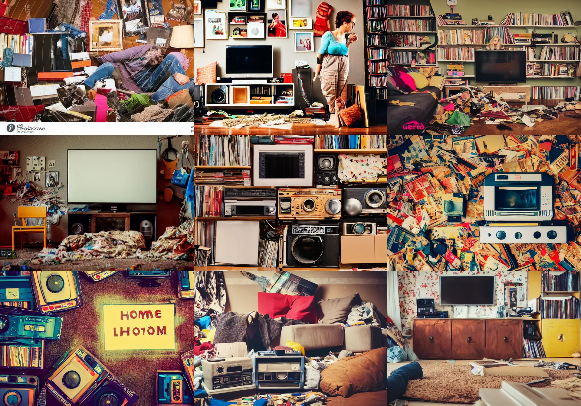 Prompt: home photography portrait, the living room, comedy show on tv, clothes, dvd package , cable, cardboards ; mess, dirty, summer, Color VHS picture quality with mixed noise