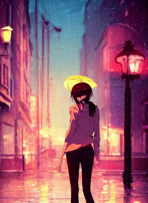 Image similar to listening to music at 2 am, night, pretty girl, pose, rain, lofi, lofi, peaceful, street light, anime key visual, poster, anime, by wlop, high quality, 4 k, trending, trending on artstation