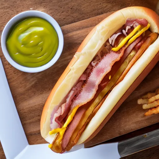 Image similar to professional photo of a hotdog sliced lengthwise with relish, cheese and bacon with a side of skin-on French fries, 4k