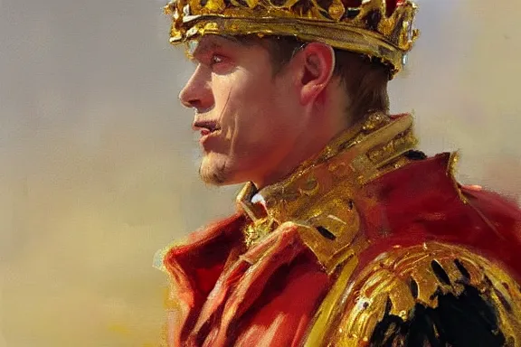 Image similar to oil painting of king, red royal cape, large golden crown, rich jewellery, art by anders zorn, wonderful masterpiece by greg rutkowski, beautiful cinematic light, american romanticism by greg manchess, creation by tyler edlin