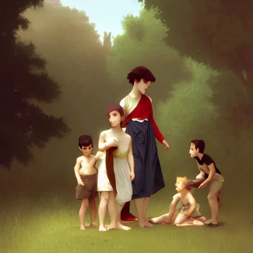 Image similar to william adolphe bouguereau ilustration a family gathering in the country, style goro fujita, character art, sharp focus, highly detailed, artstation